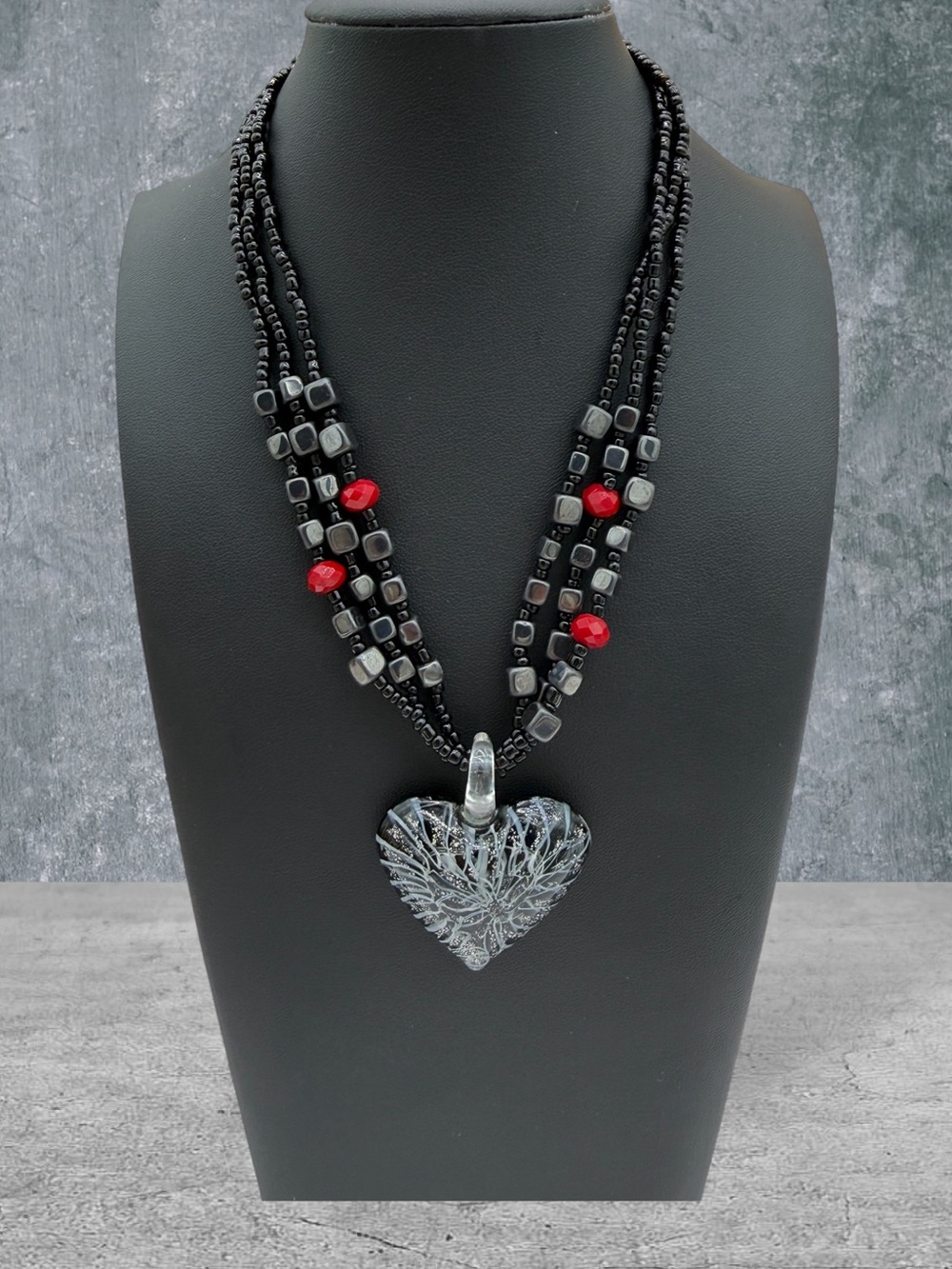 Handmade Gothic Web Puffy Heart & Hematite Beaded Multi-Strand Metallic Necklace